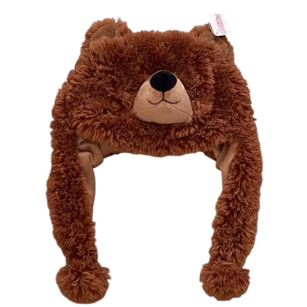 New DolliBu Brown Plush Bear Hat With Ear Flaps